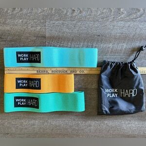 Work Hard Play Hard fabric fitness resistance band set of 3 & storage bag